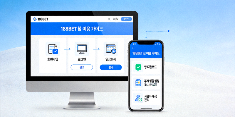 188BET 첫 이용 가이드 설명을 위한 컴퓨터와 모바일 화면 이미지