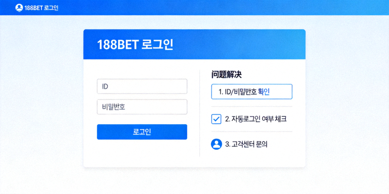 188BET 로그인 화면과 문제 해결 단계를 보여주는 이미지