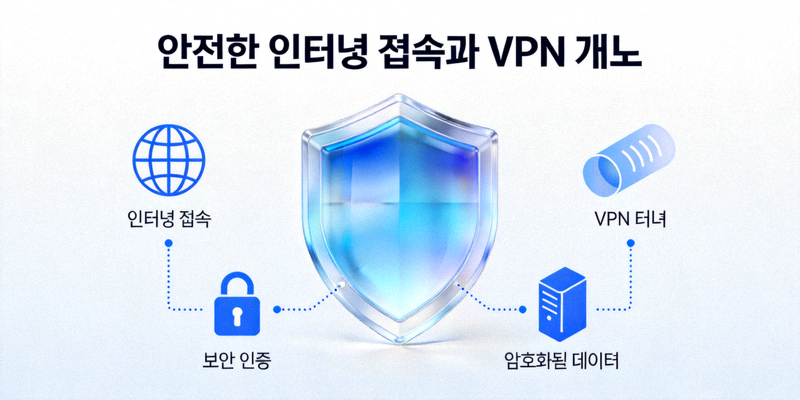 안전한 인터넷 접속과 VPN 개념을 설명하는 보안 쉴드 이미지