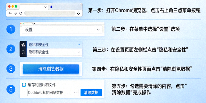구글 크롬 브라우저에서 캐시 및 쿠키 데이터를 삭제하는 방법을 보여주는 단계별 스크린샷 안내