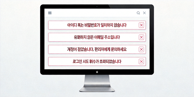 컴퓨터 화면에 표시된 다양한 로그인 오류 메시지 예시 이미지