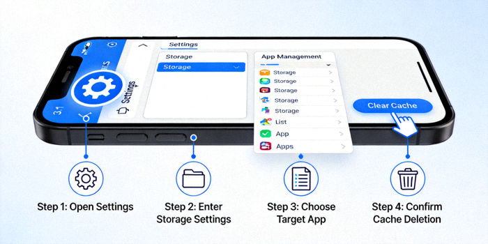 모바일 기기에서 설정 메뉴를 열어 캐시를 삭제하는 방법을 보여주는 다이어그램